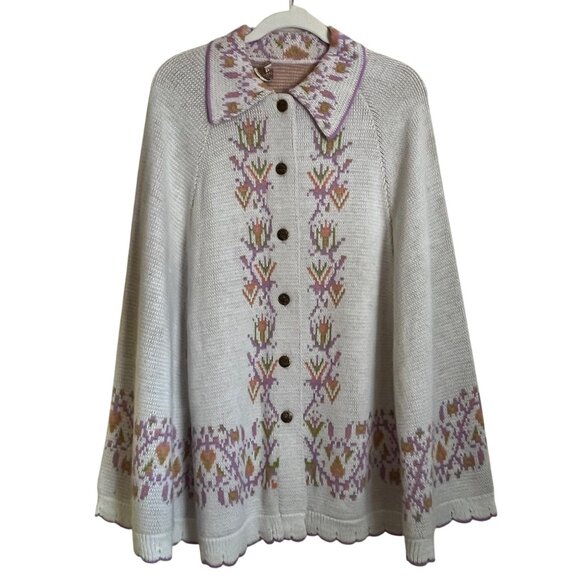Montgomery Ward Sweaters - Vintage Montgomery Ward Acrylic Cape With Floral & Bird Motif Button Closure